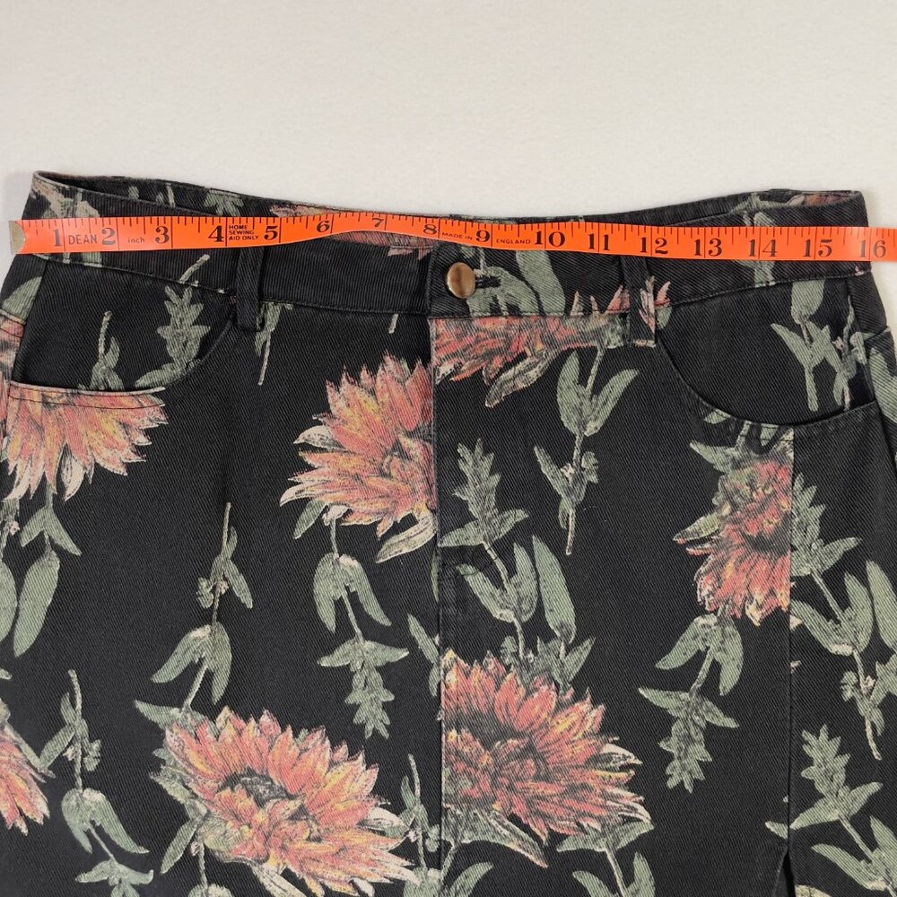 Vintage Lovey U-Dear Floral Midi Skirt Black Sunflower Print Raw Hem Slit Size L - Picture 6 of 14